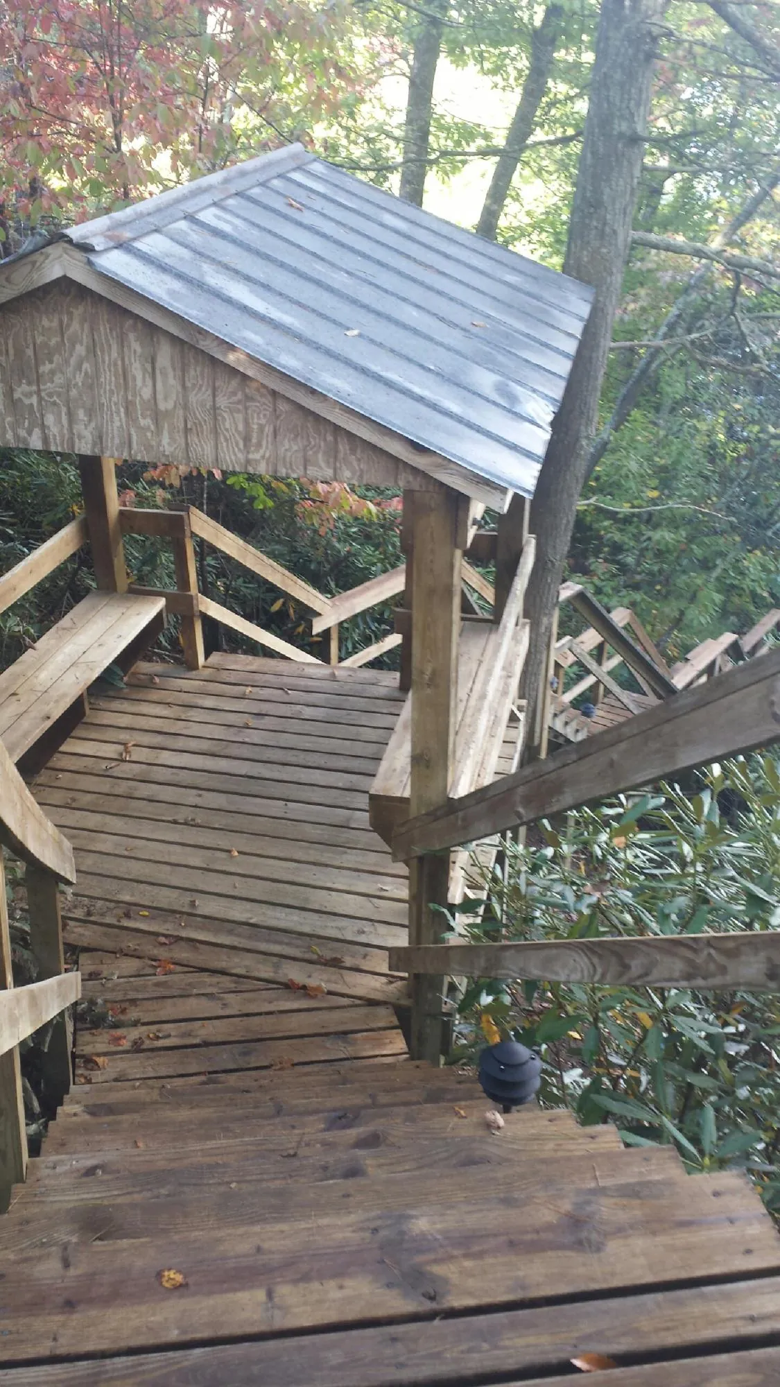 Metal roofed shelter over wooden steps on a wooded walkway — Skylight Repair & Installation work by our crew in Metropolis